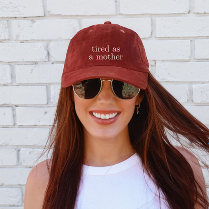 Embroidered tired as a mother Vintage Corduroy Cap, One Size Fits Most, Trendy Embroidered Cap